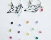 white origami peace crane charm necklace with your choice of Swarovski crystal - silver plated chain - JAPAN RELIEF