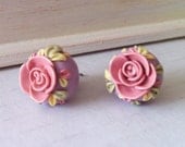 Pink flower earrings stud - romantic rose - shabby chic
