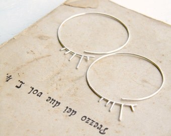 Spiked Fringe Hoops - funky sterling silver open hoops with fringe, spikes, mohawk, tribal