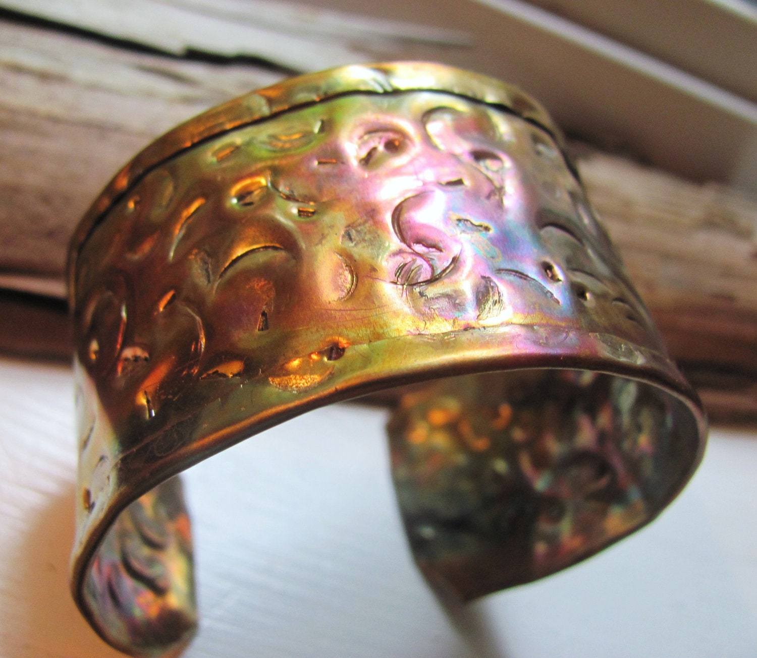 Wide cuff copper patina bracelet hammer organic texture ooak