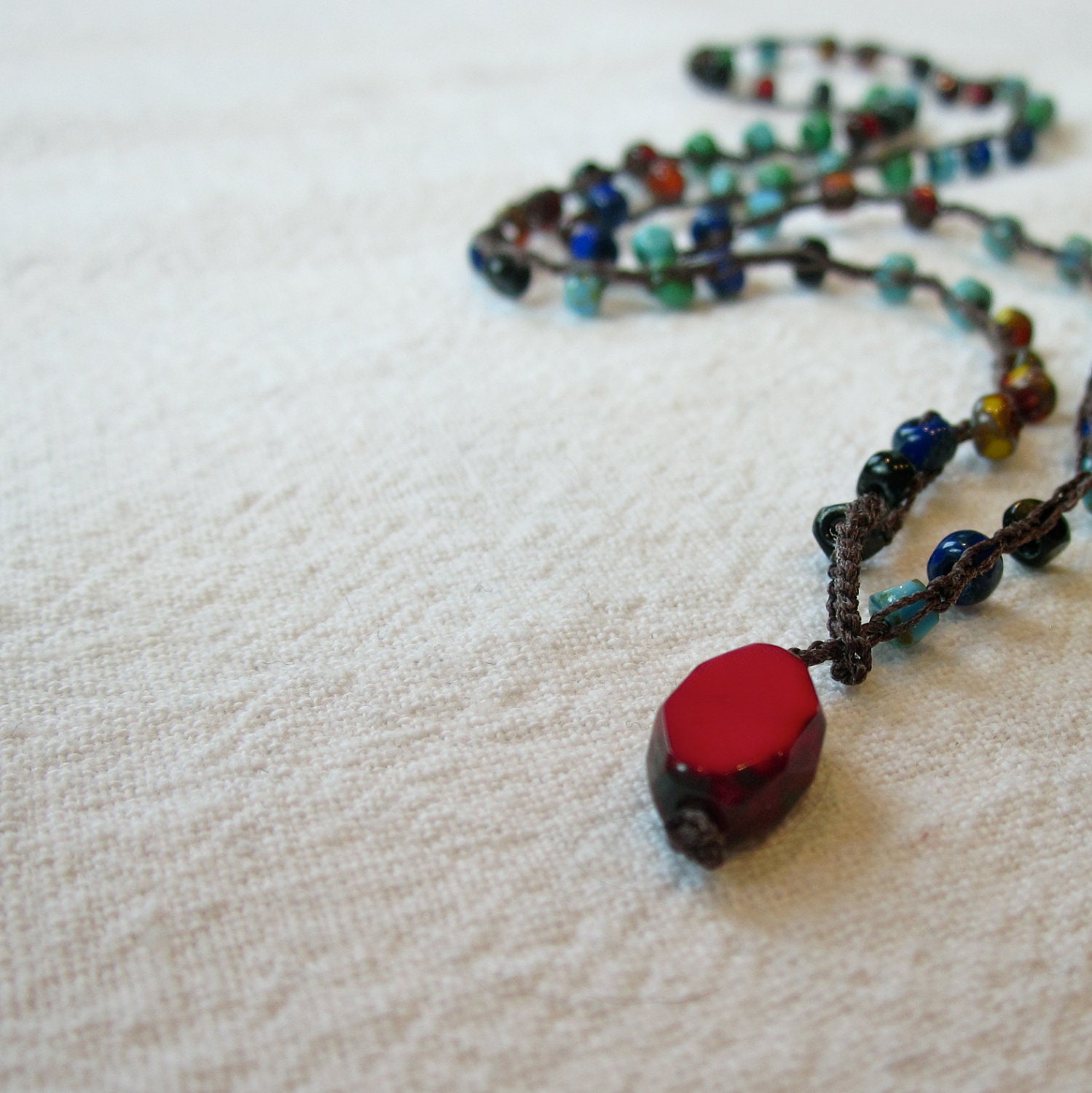 Crochet jewelry Painted Beauty multicolored drop crocheted beaded lariat necklace with red drop pendant