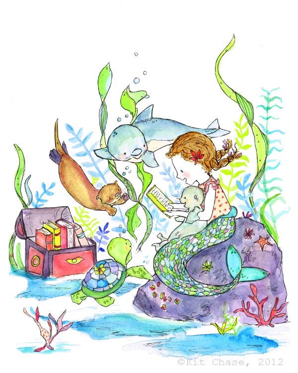 The Mermaid Book Club -- 5x7 Archival Print -- Children's Art