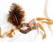 Autumn Twilight - Fall Masquerade Mask in Brown and Copper Satin Brocade with Feather Accents