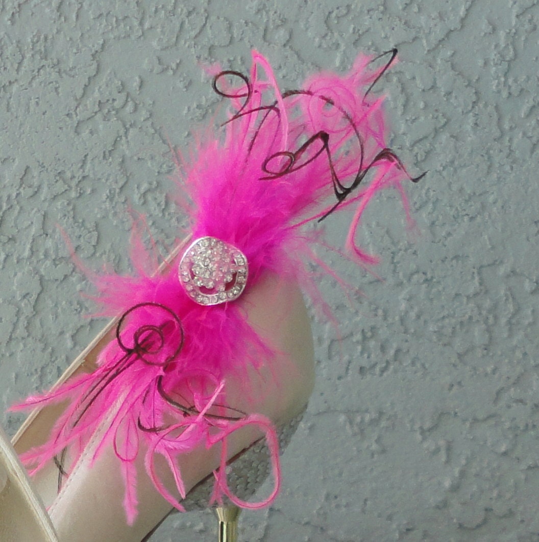 Wedding Bridal Party Peacock  Pink Ostrich Feather Shoe Clips Set Of Two 8 Center Rhinestones To Choose From