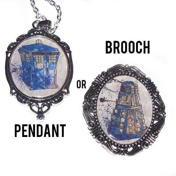 Dr who Tardis Dalek inspired Silver plated Pendant necklace or Brooch
