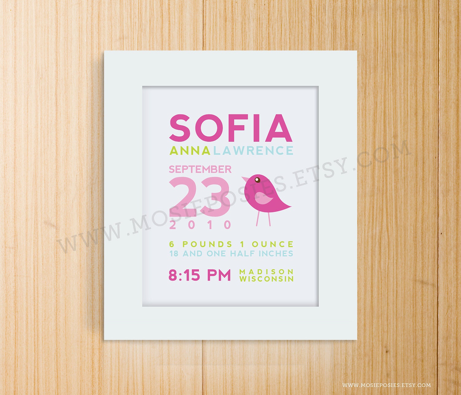 Custom Birth Announcement Print - BIRD Wall art