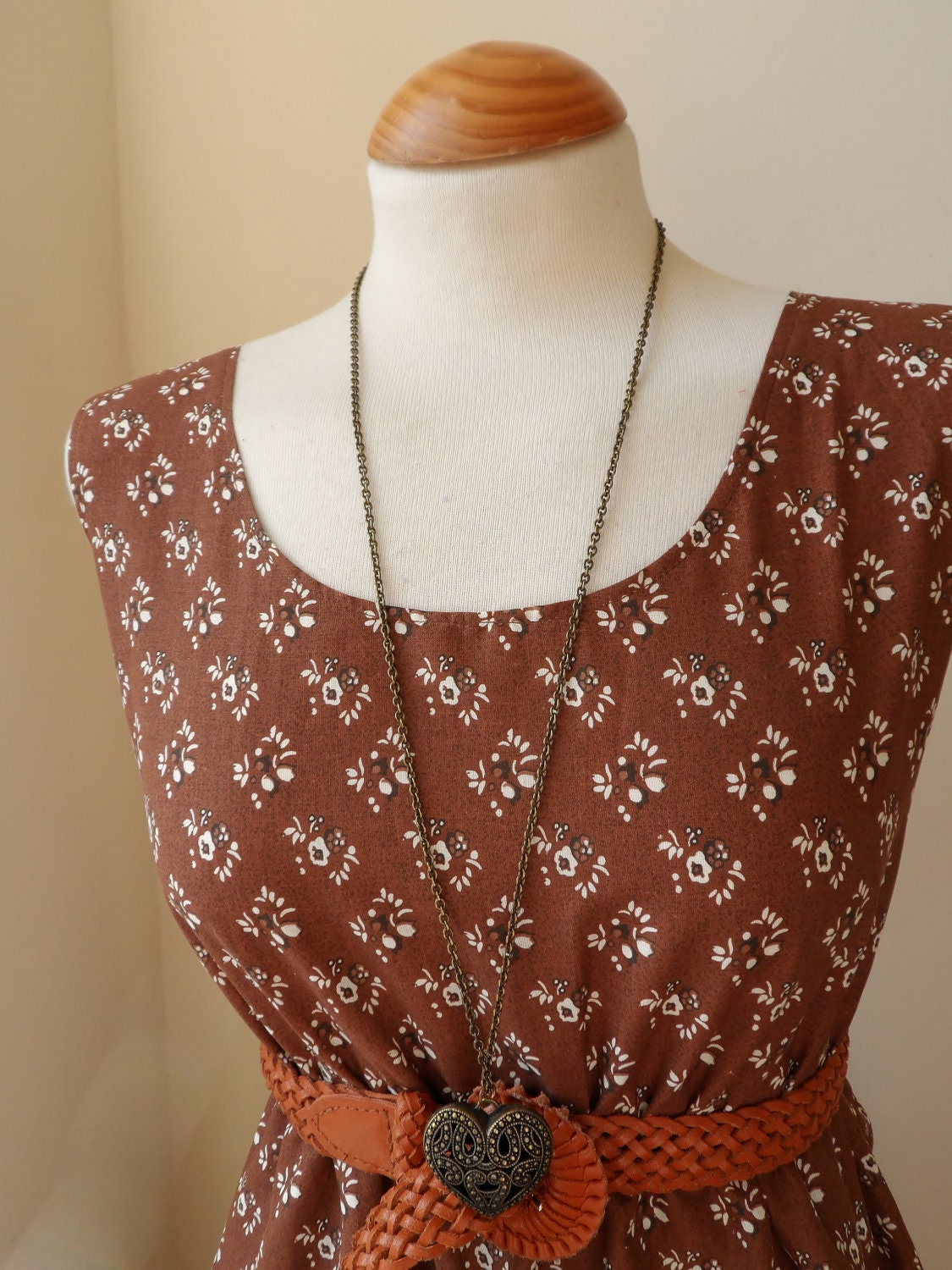 Floral Dress in Chestnut Brown and Cream Pretty Quaint Dress L