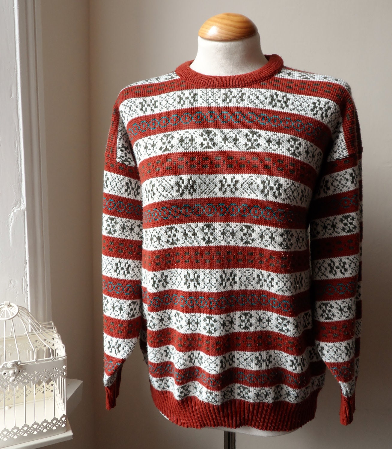 Beautiful Bohemian Rust Green Gray Striped Patterned Striped Sweater...Jumper Hipster Bohemian Woodland (Med to Large)