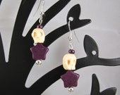 Bone Skull with purple creepy smiley star sterling dangle earrings