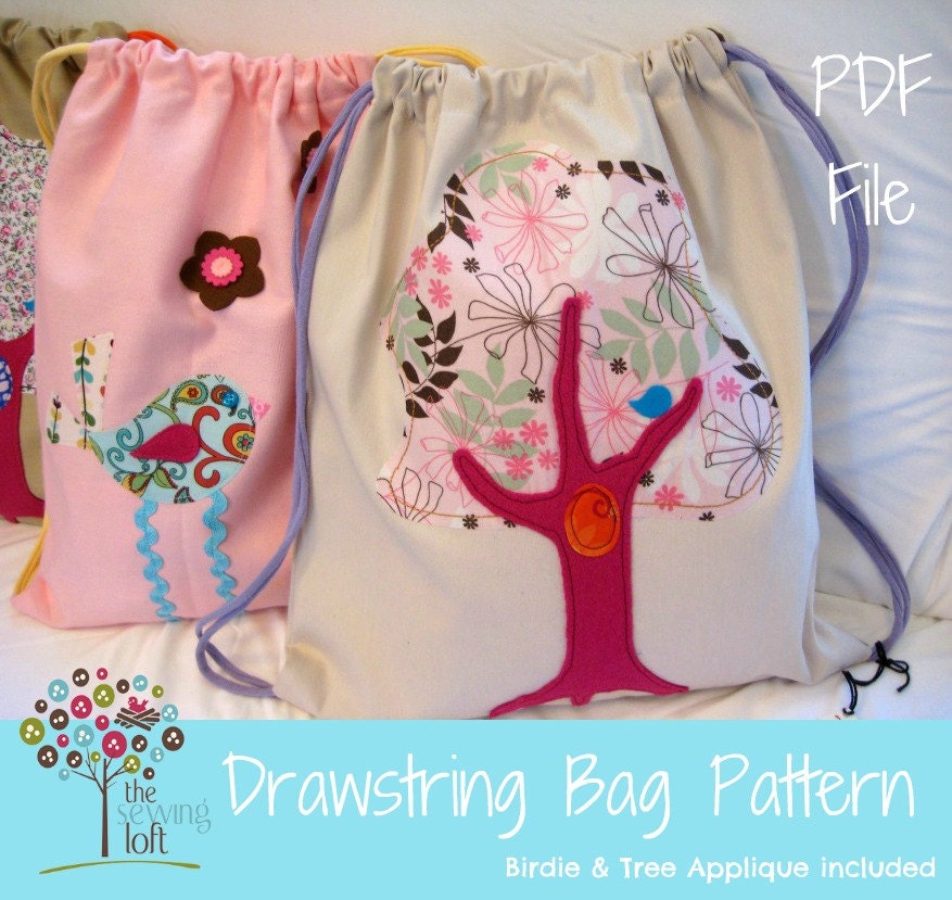 Drawstring Backpack Pattern -PDF File with 2 Applique Designs