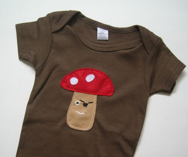 Mushroom Pirate on Brown Onesie Size 6 to 12 Months