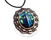 Doctor Who Inspired TARDIS Cameo Necklace, Van Gogh Starry Night Pendant with Blue Police Box