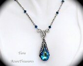 Peacock, Bermuda Blue Crystal Necklace, Teardrop Pendant, Statement Necklace Sterling Silver Bridesmaids Gifts, Bridal, Wedding Jewelry