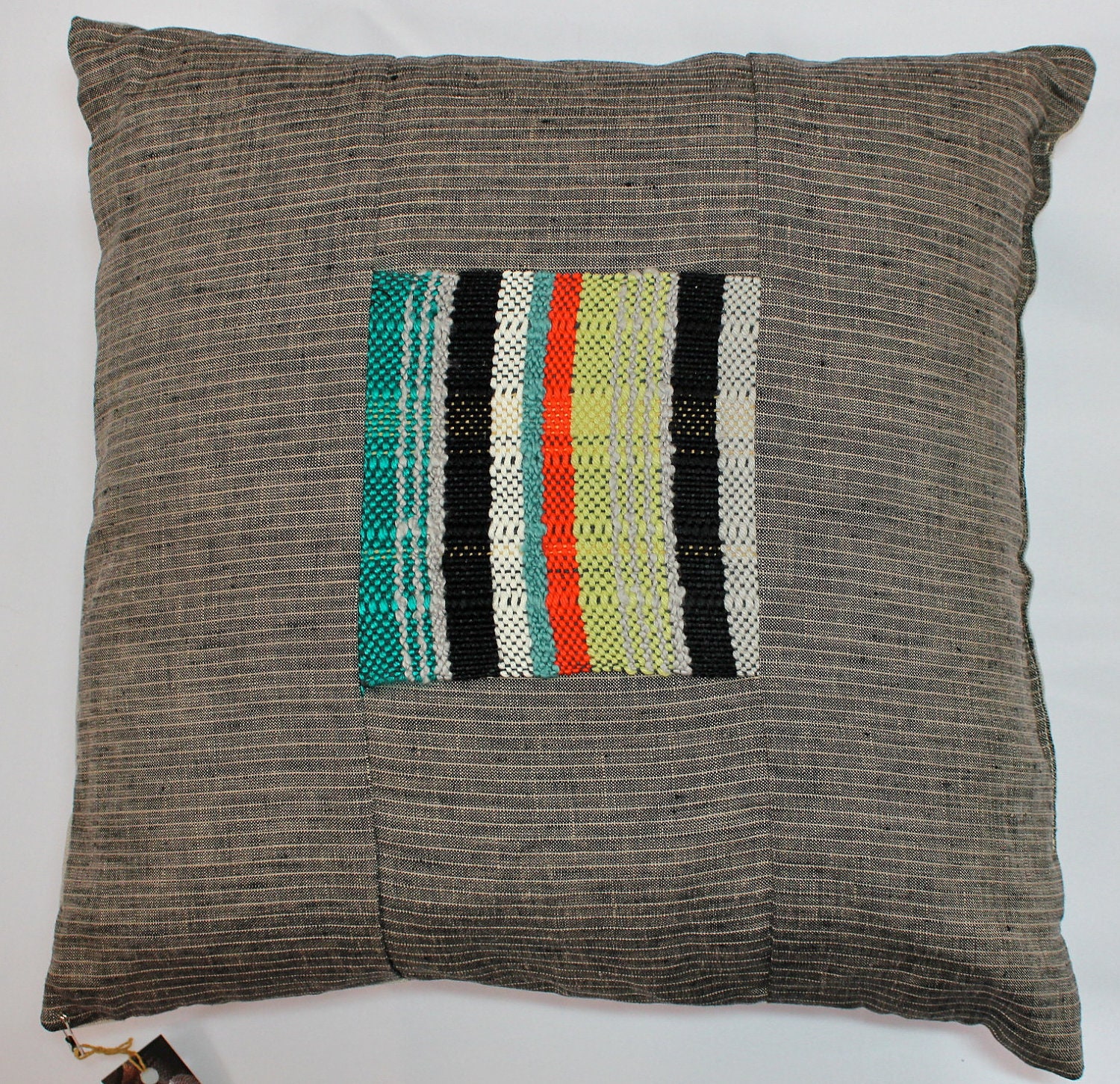 Linen Throw Pillow with Neon Lime, Teal and Orange Red Handwoven Square - Upscale Woven Striped Pillow