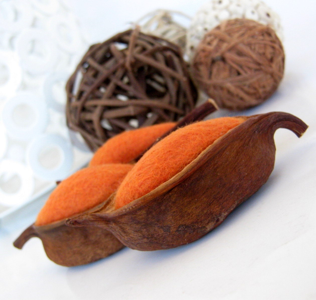ON SALE - 3 Wool Needle Pods Orange - Home Decor - Nature display - Felted Decoration- was 12 dollars now 9 dollars