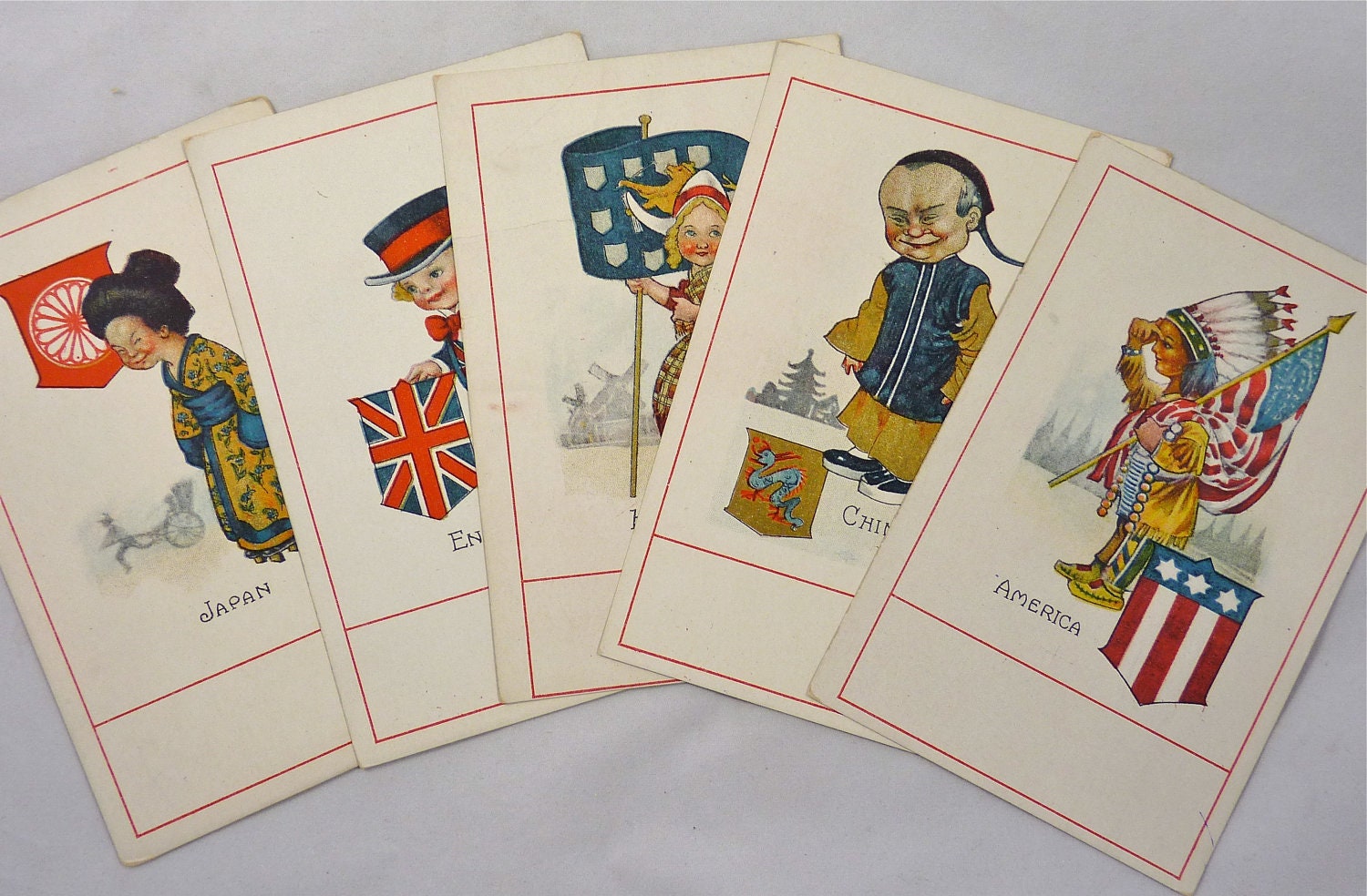 Set of Five Vintage Postcards with Children from Five Different Countries, Japan, China, America, England and Holland
