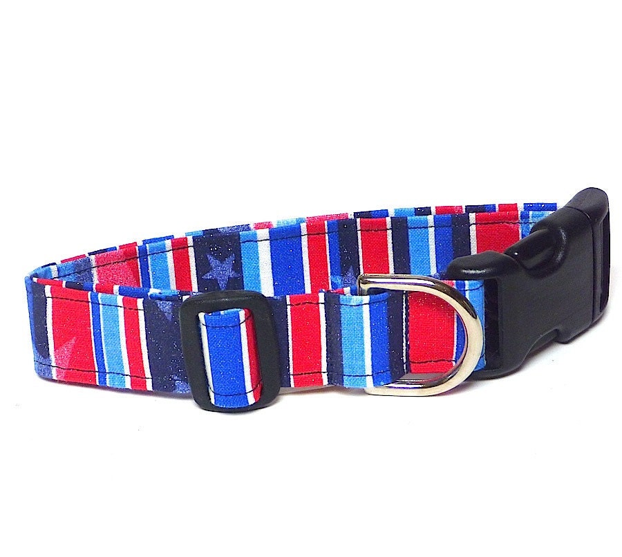 PATRIOTIC red white and blue striped fabric Dog Buckle Tag Collar