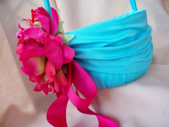 Aqua Pool Flower Girl Basket Fuchsia Pink Peony Wedding Silk