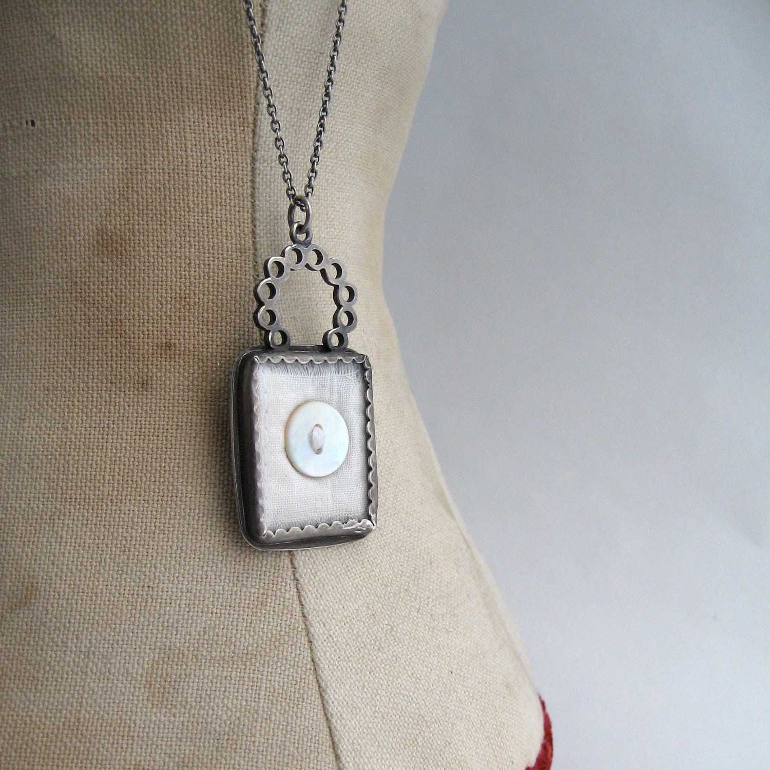 PENDANT sterling, vintage watch crystal, old shirt scrap, and button