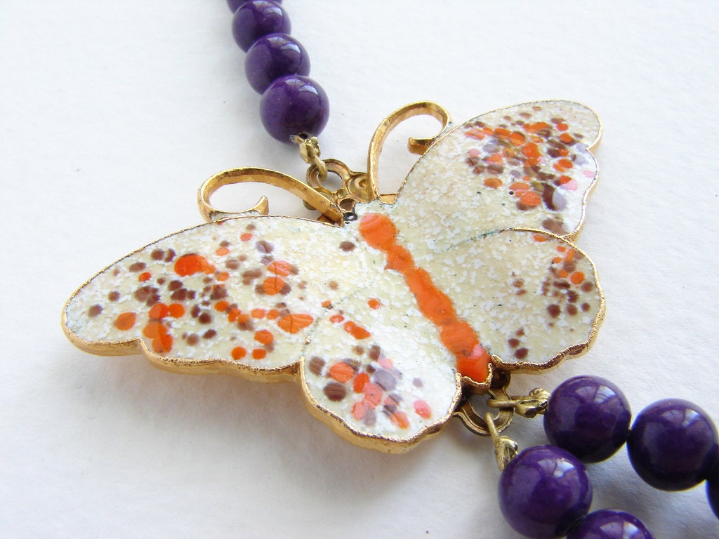 Vintage Butterfly Necklace, vintage enameled pumpkin ochre butterfly brooch, repurposed OOAK purple plum necklace