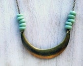 Tribal Inspired Crescent Moon Necklace - Mint Aquamarine Green - Gold Brass, Geometric  Gift Box