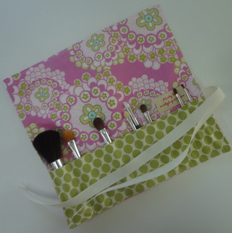 READY TO SHIP Makeup Brush Roll in Amy Butler Rose Dandelion Field and Lime Full Moon - Small Size - See shop annc. for free shipping offer