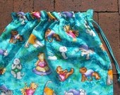 Drawstring bag yoga cats large aqua cotton for gym library toys school