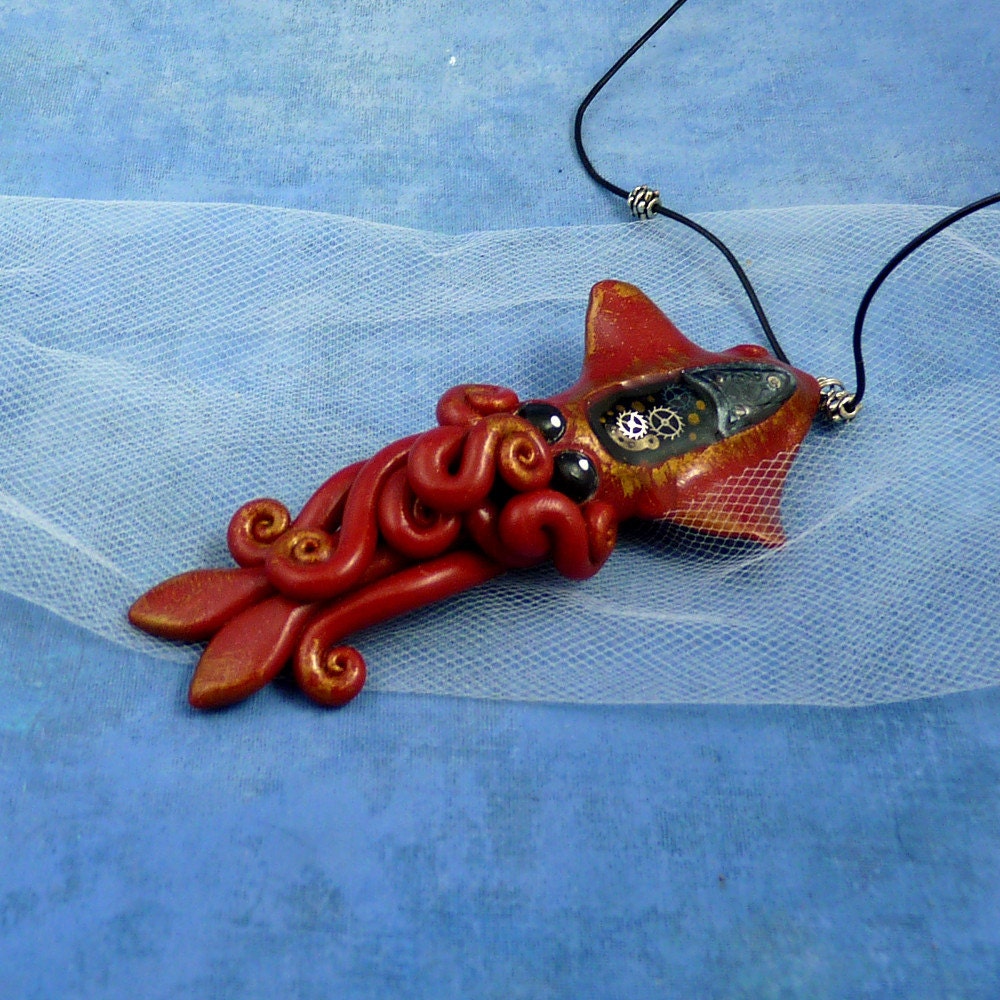 Gilded Steampunk Squid Necklace, Polymer Clay Neo-Victorian Cephalopod Jewelry