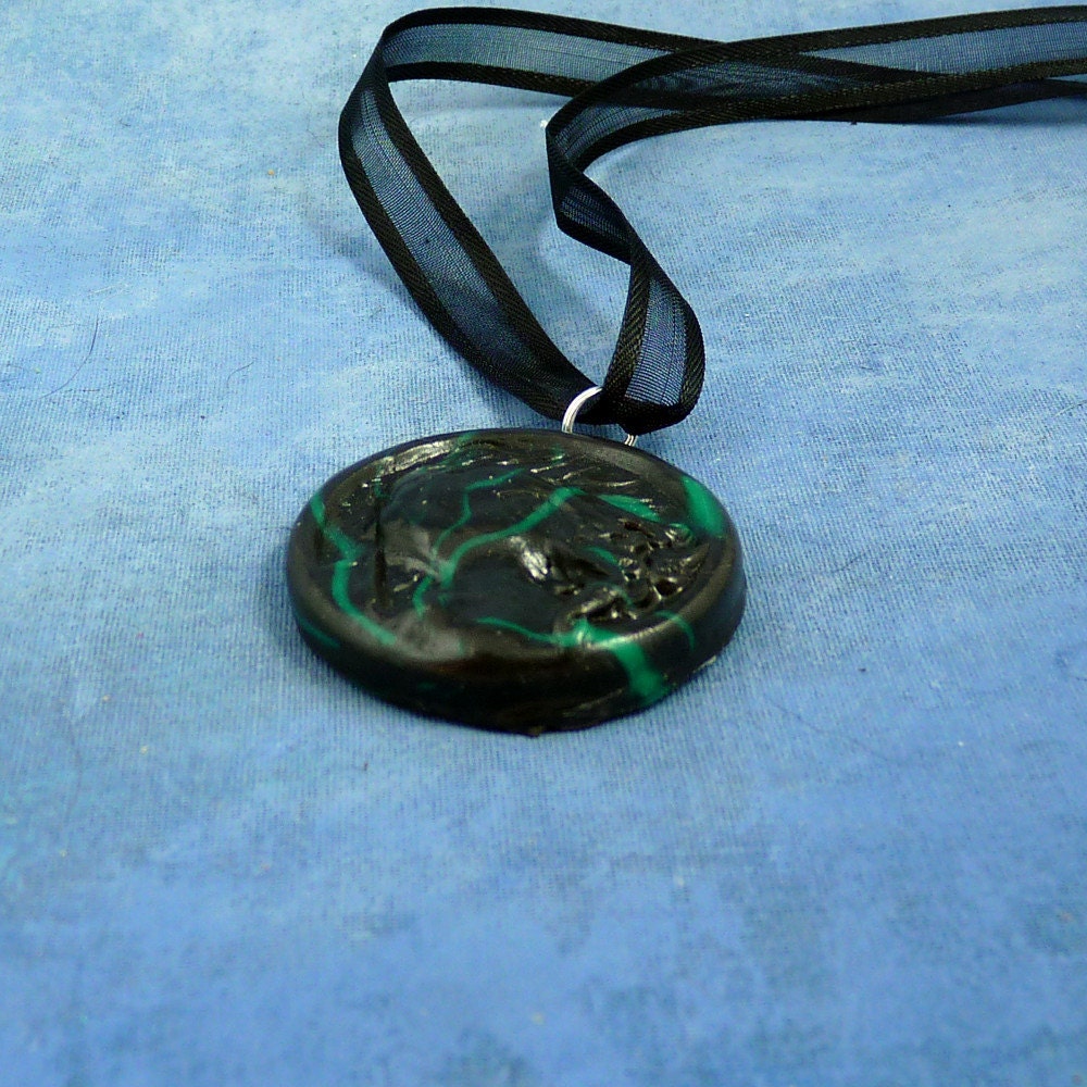 Black Marble Cthulhu Cameo Necklace, Handmade Polymer Clay Jewelry