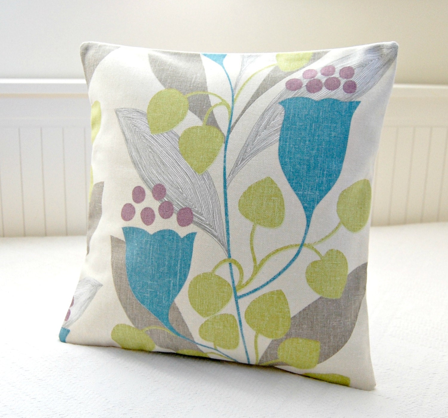 blue pale lime decorative pillow cover flowers, gray, grey leaves, retro style cushion cover 16 inch