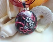 Swirls and Squiggles Black, White and Red Oval Necklace Polymer