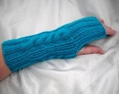 Fingerless Gloves, Azure Blue Handknit Cables, Seamless, Vegan, Photographers Gloves with no fingers