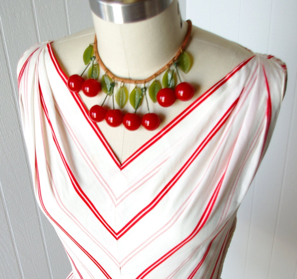 vintage 1950's dress ...fabulous SPORTLANE DEB saks fifth avenue white red woven chevron stripes cotton full skirt pin-up sun dress