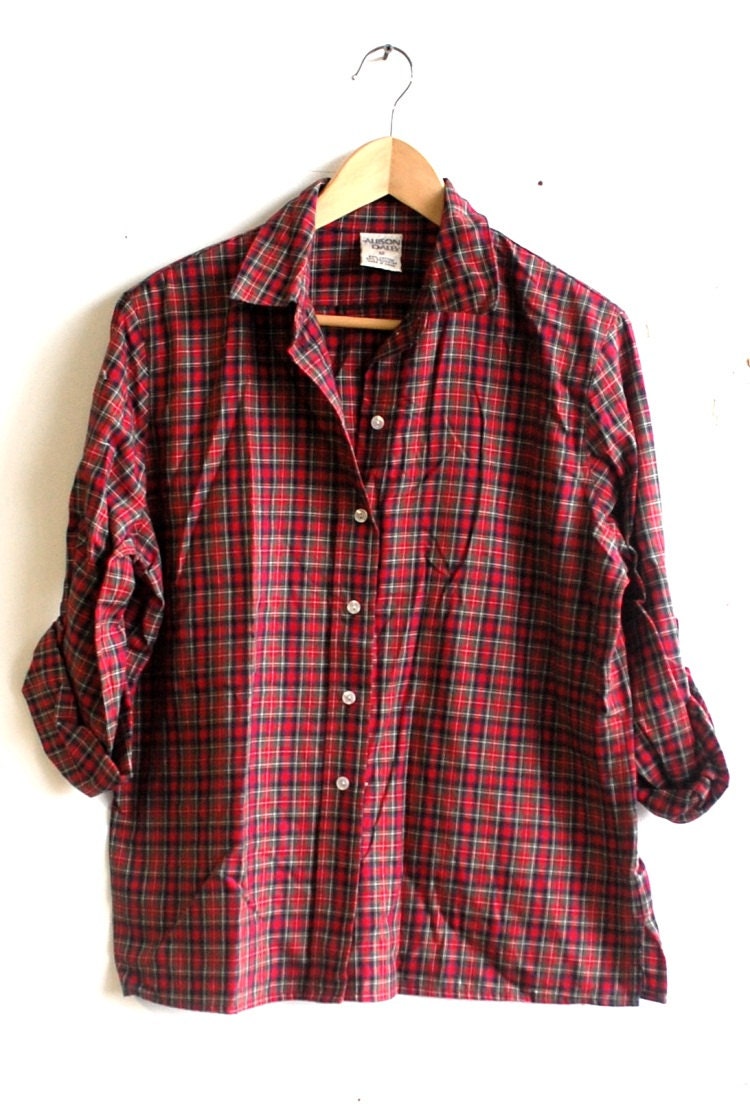 80s PREPPY Red Plaid Blouse Medium/Large