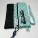 Fold Over Clutch - Vegan Black Leather - Linen Aqua Clutch - Clutch - Black and Aqua Clutch with wrist strap
