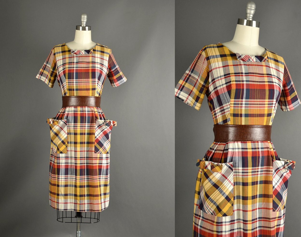 1950s Dress / plaid cotton dress / 50s
