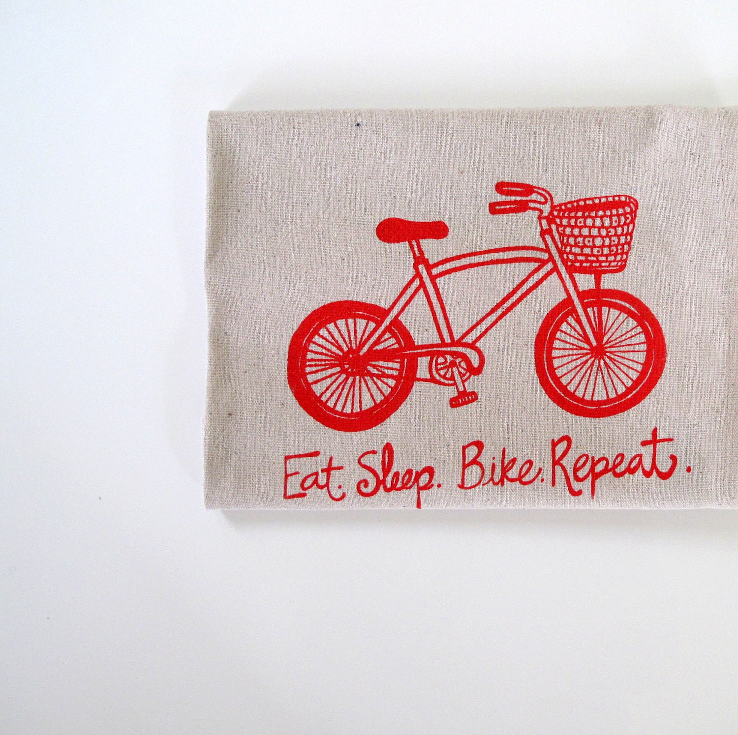 Cotton Kitchen Towel Tea Towel - Bike with Basket - Eat. Sleep. Bike. Repeat. in Red Ink