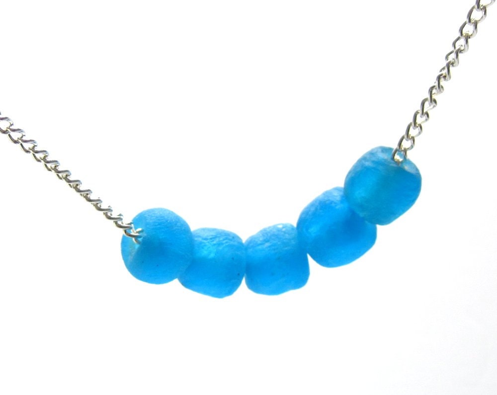 recycled sea glass necklace,  blue eco friendly jewelry,   blue minimal bead necklace,
