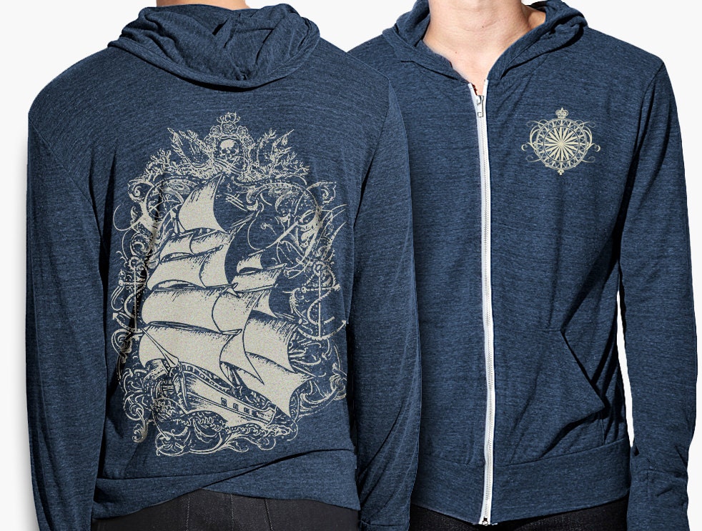 Pirate Ship Hoodie, Tall Ship, Alternative Jersey Zip Hoodie, Anchor, Compass