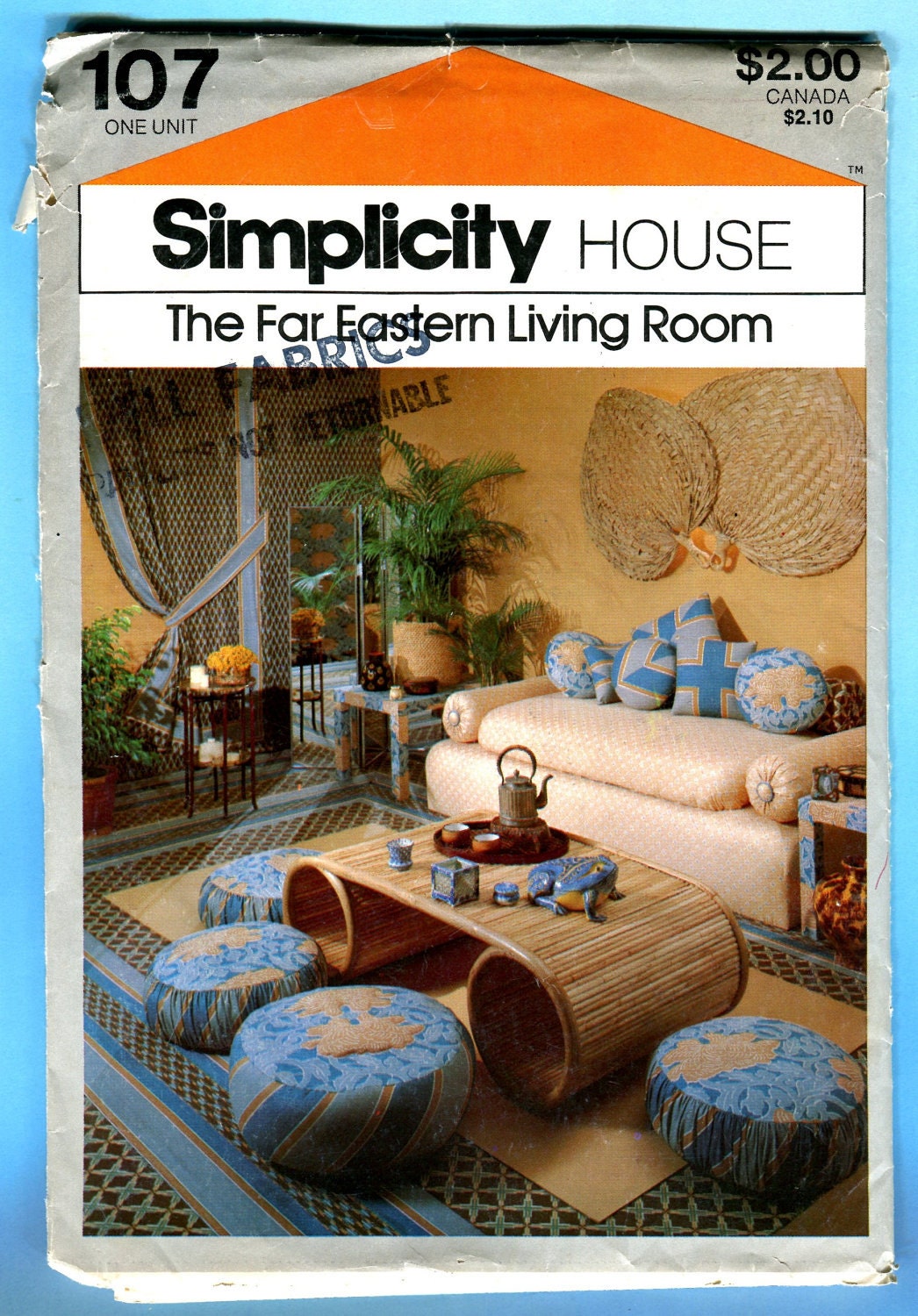 Simplicity House 107 Far Eastern Living Room Vintage Sewing Pattern Cards Pillows Ottoman Sofa 1970s