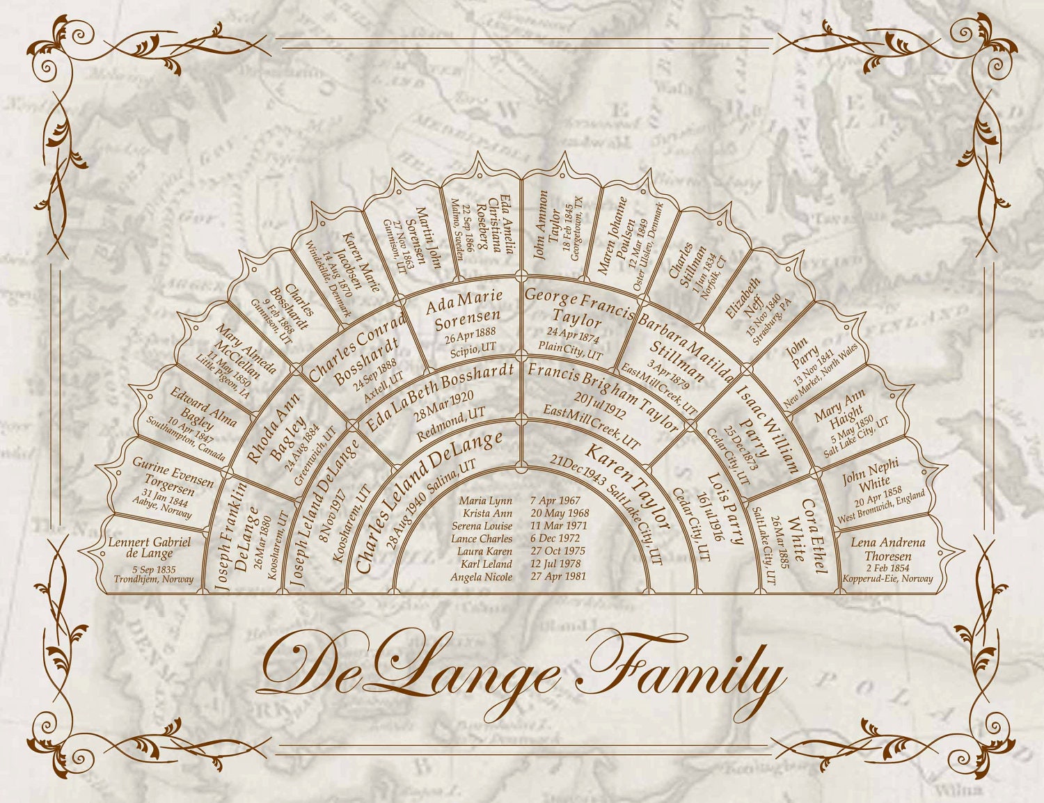 Family Tree with RESEARCH - 4 to 5 Generation Personalized Custom Half Wheel Family History Chart