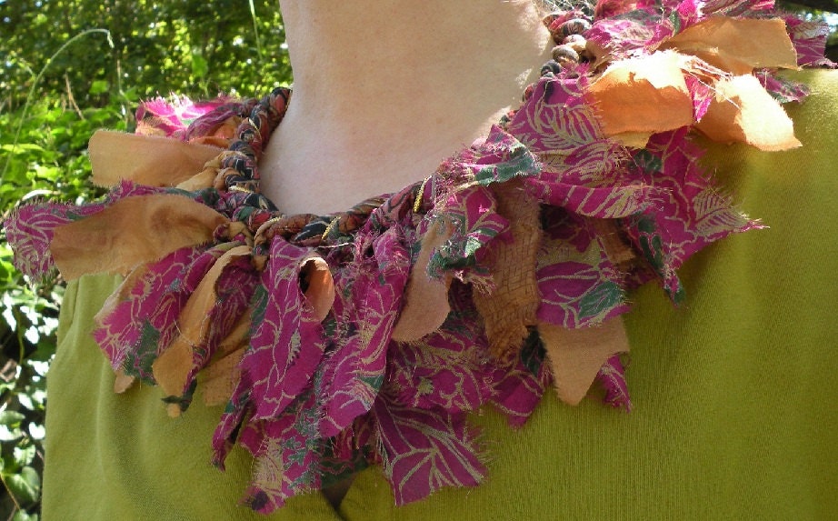 Necklace scarf: fiber art silk sari multicolor women's scarflette, pink gold green repurposed torn silk i893