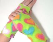 Fleece Fingerless Gloves / Mittens for KIDS (Size XS - L) - Groovy Hearts - Hand / Wrist / Arm warmers