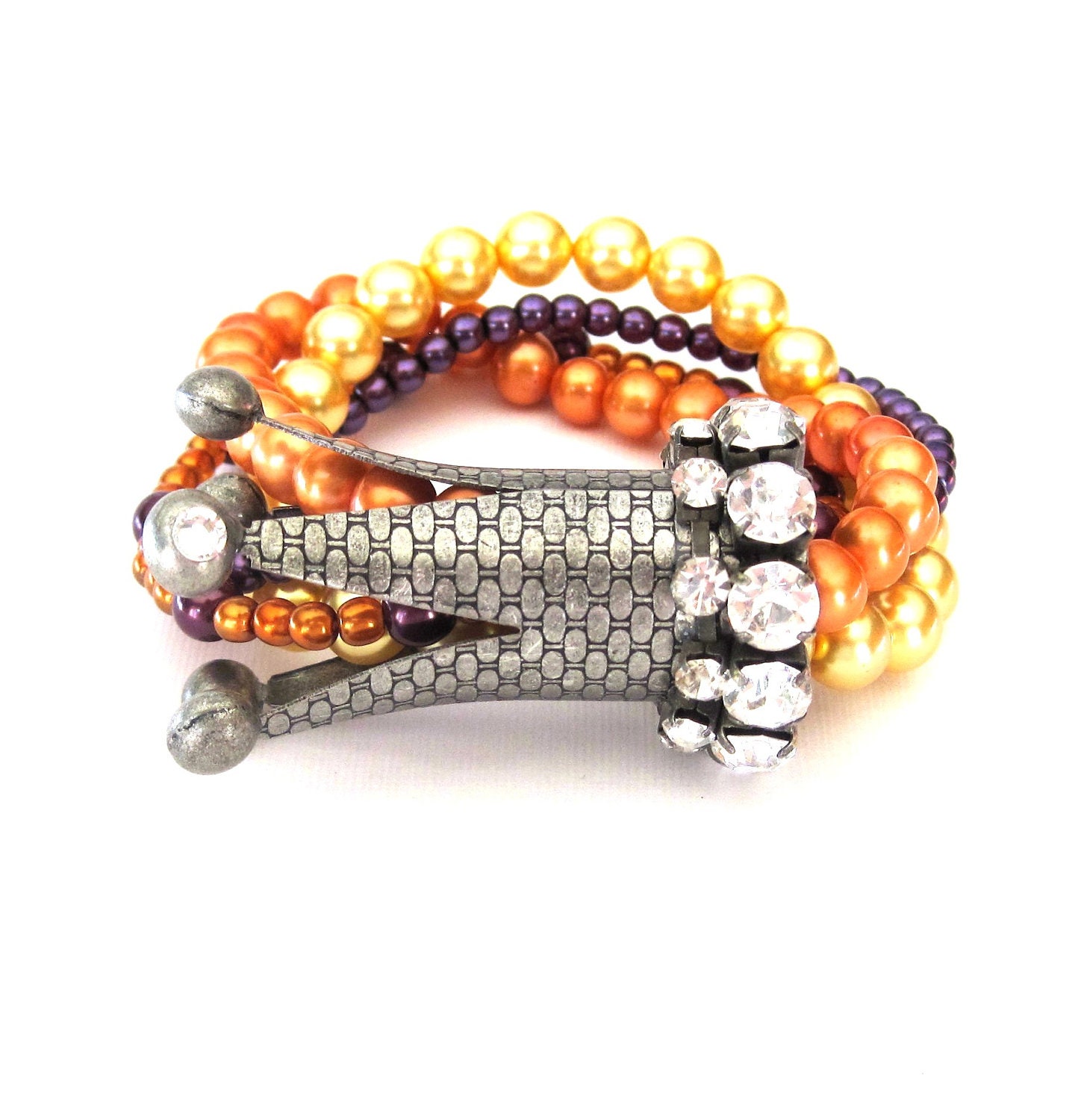 Rhinestone Crown and Glass Pearl Multi Strand Stretch Bracelet orange, yellow, purple, and antique silver