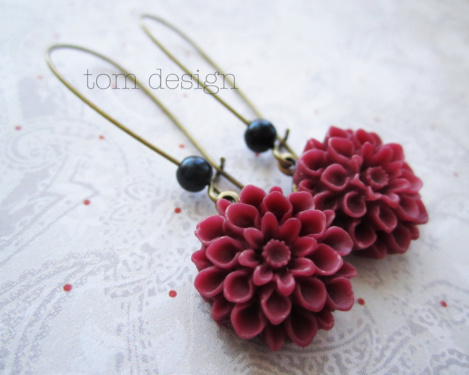 Madison Mum Earrings - Long Maroon Chrysanthemum Dangles, Bride, Wedding, Bridesmaid