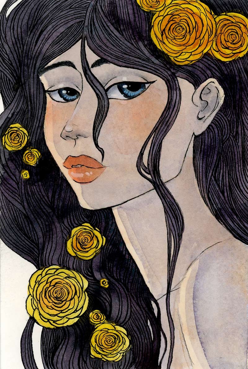 Yellow Roses - 3.5 x 5.5 Original Painting - ink and watercolor - one of a kind