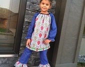 CLEARANCE SALE- Damask in Blue Ruffle Pants- Ready to ship  - lightweight cotton ruffle pants,