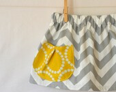 Chevron Skirt . Grey and White . Yellow Dot Pleated Pocket . Childrens Clothing