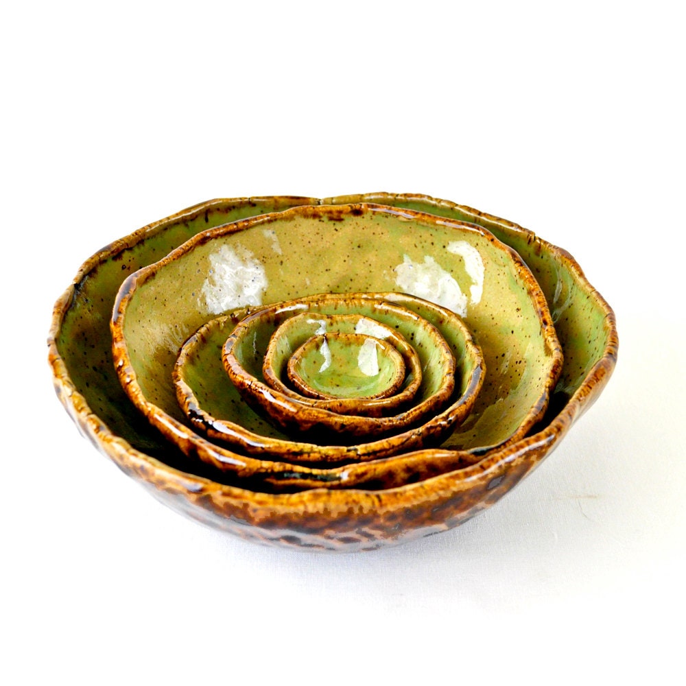 Pottery Bowls - Mossy Lime Green and Shire Brown organic ceramic nesting bowls (Set of 6)