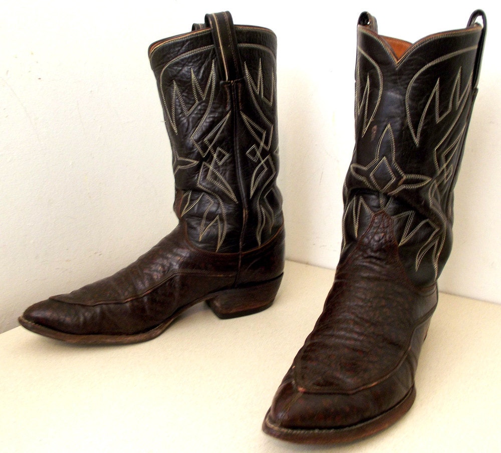 Vintage Tony Lama two tone brown cowboy boots with white stitching